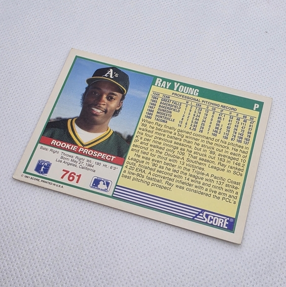 1991 Score Ray Young Oakland Athletics #761 Rookie Prospect Baseball Card - Picture 4 of 4